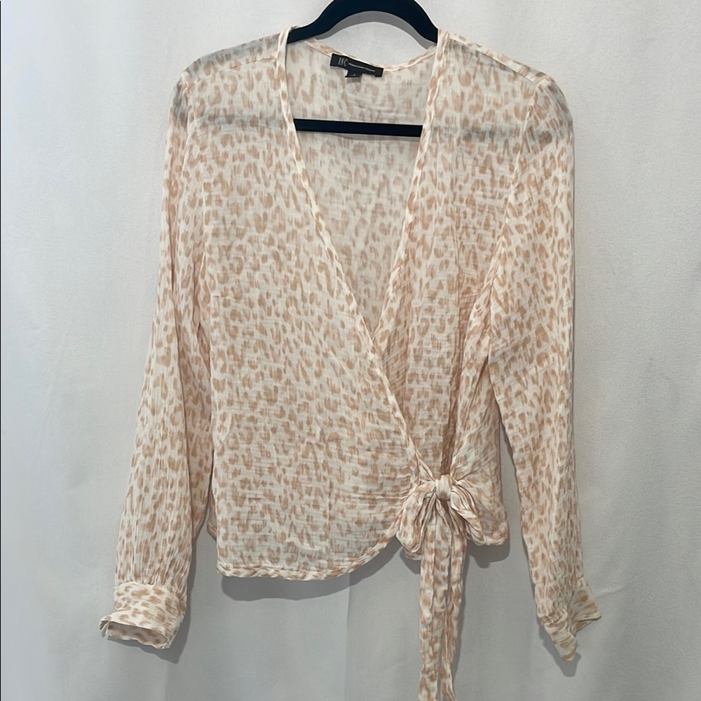 INC International Concepts Cream Long Sleeve Wrap Blouse with Tie Front